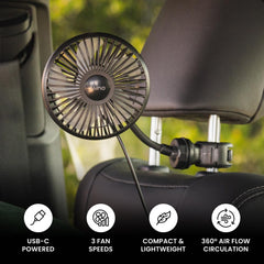Luno car camping fan USB-C power connection enabling portable charging