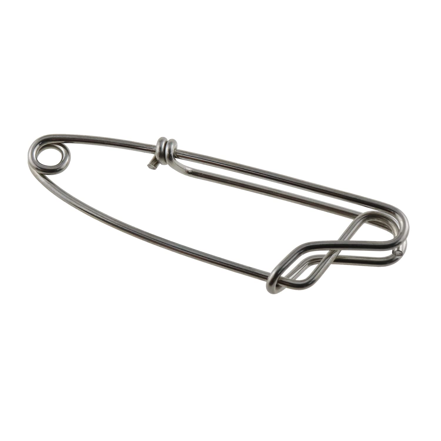 Close-up of stainless steel open-eye fishing clip 8x2cm