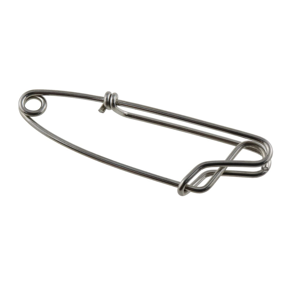 Close-up of stainless steel open-eye fishing clip 8x2cm