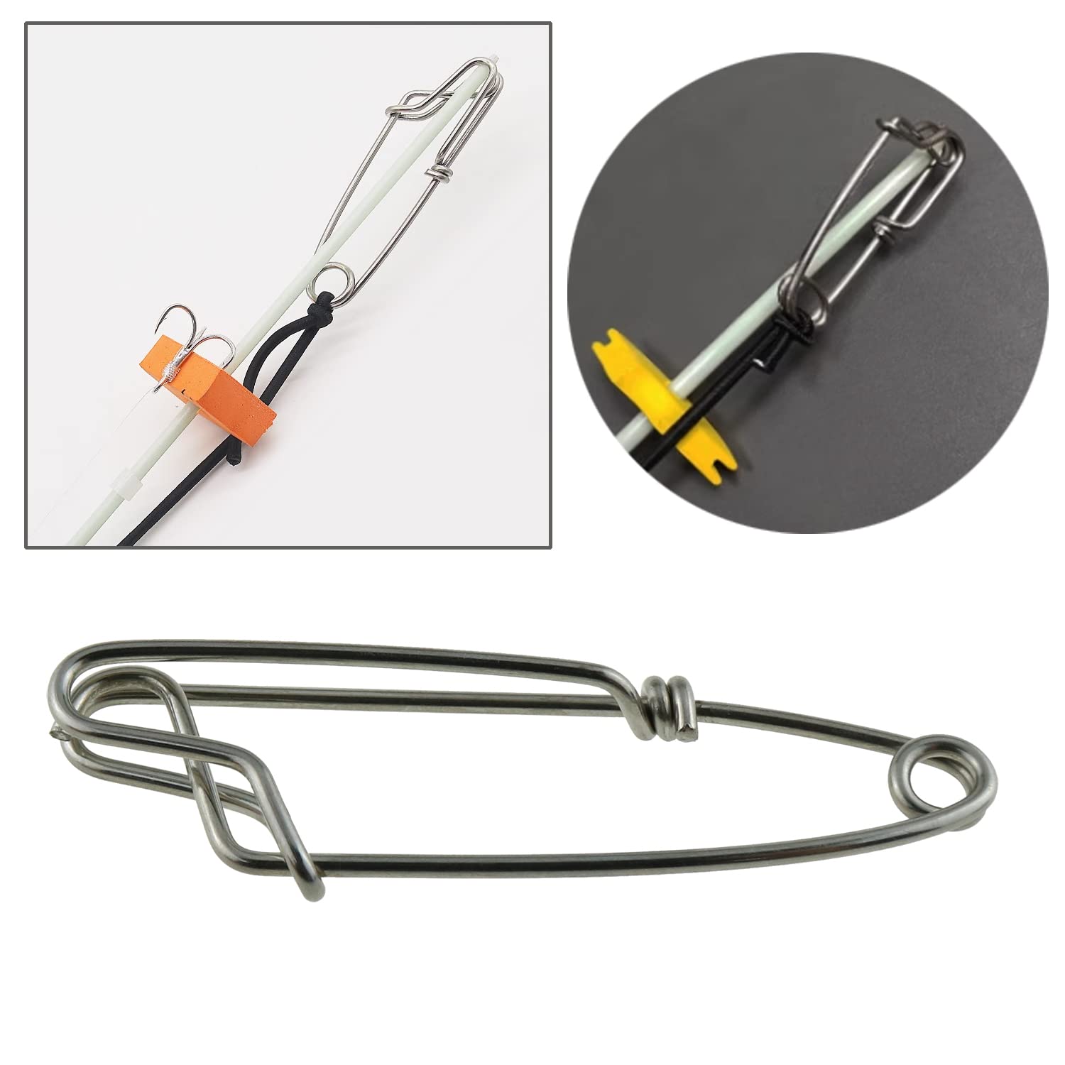 Open-eye clip being attached to fishing line, size 8x2cm