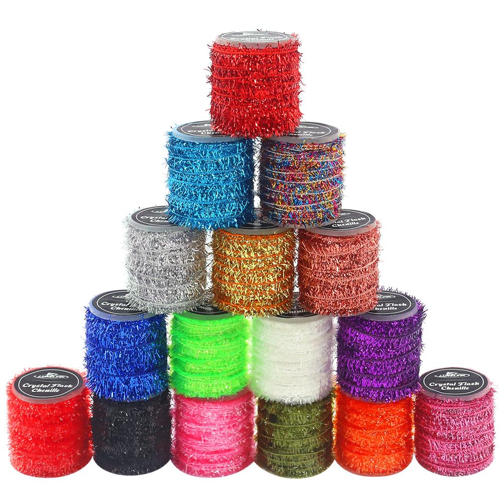 Crystal Flash Chenille fibers for fly tying in 16 colors (close-up)