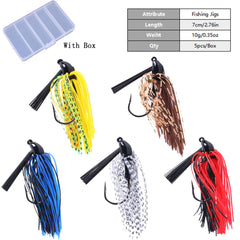 Close-up of bass jig showing silicone skirt and pearlescent sequins