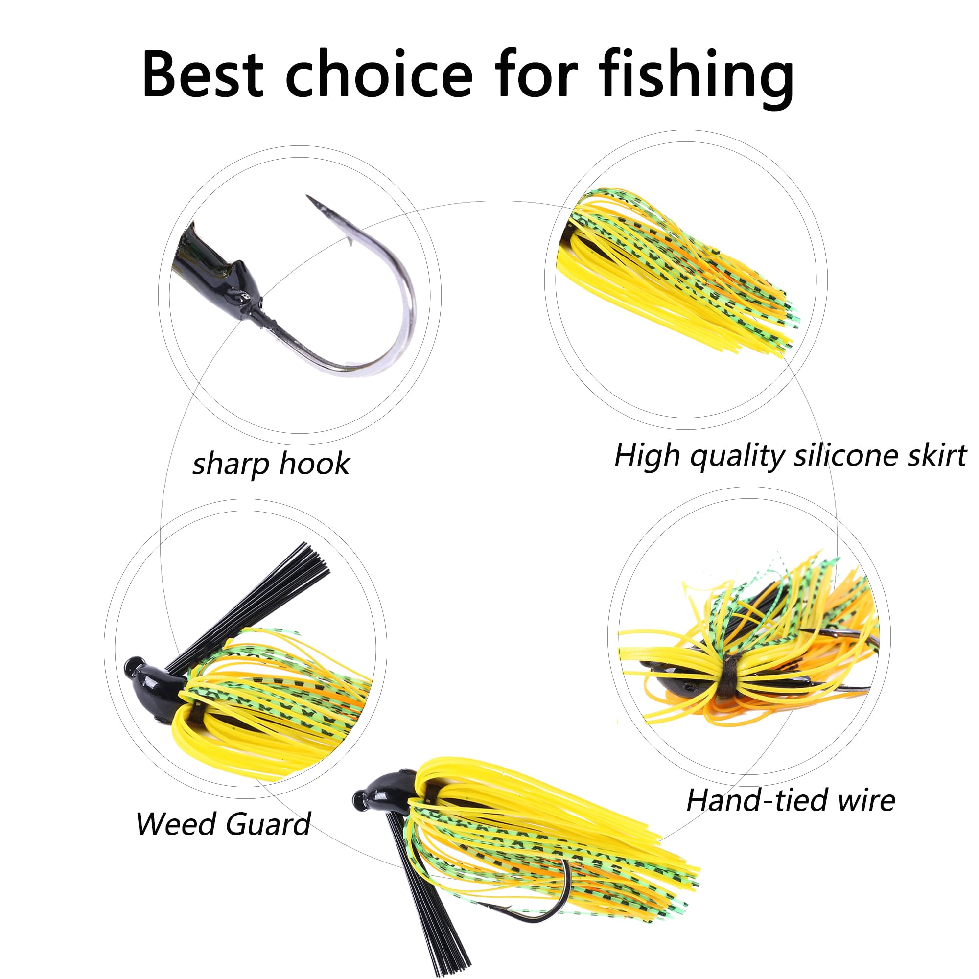 Five different colored jigs in a box