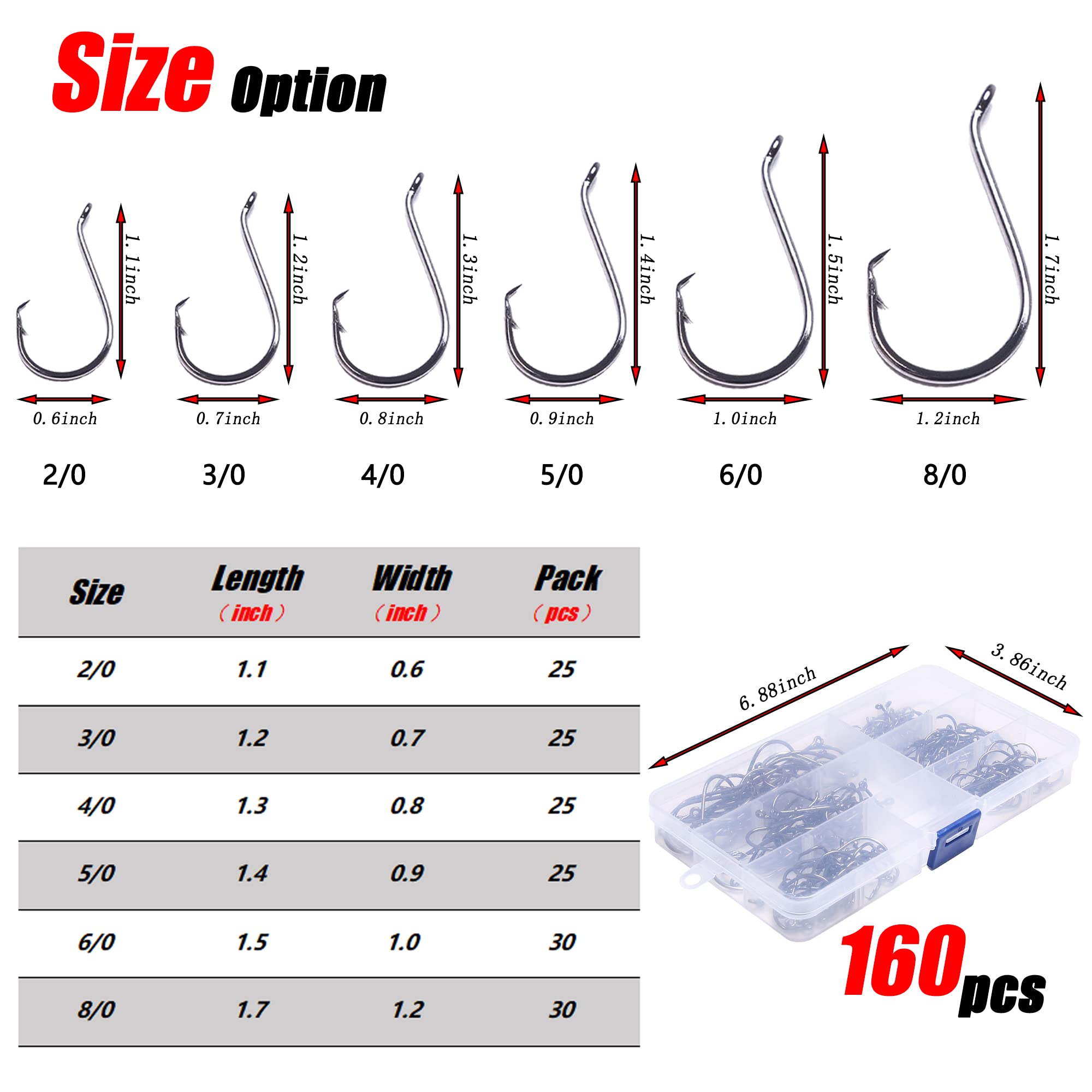 LURESMEOW octopus hook size chart showing six sizes for versatile rigs