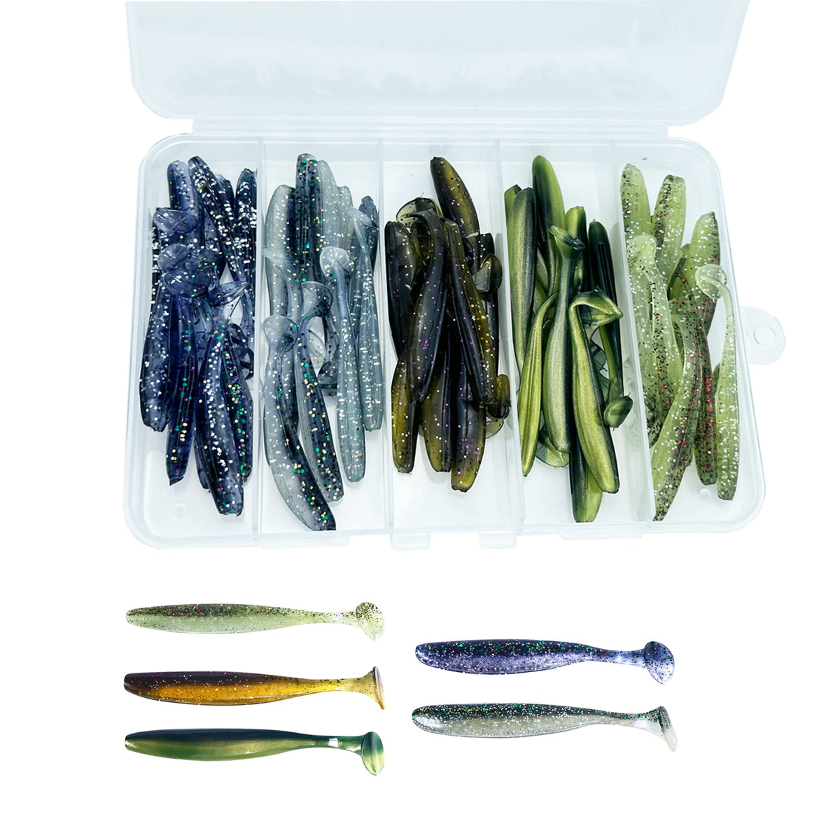 LURESMEOW paddle tail swimbaits in a box for versatile bass fishing