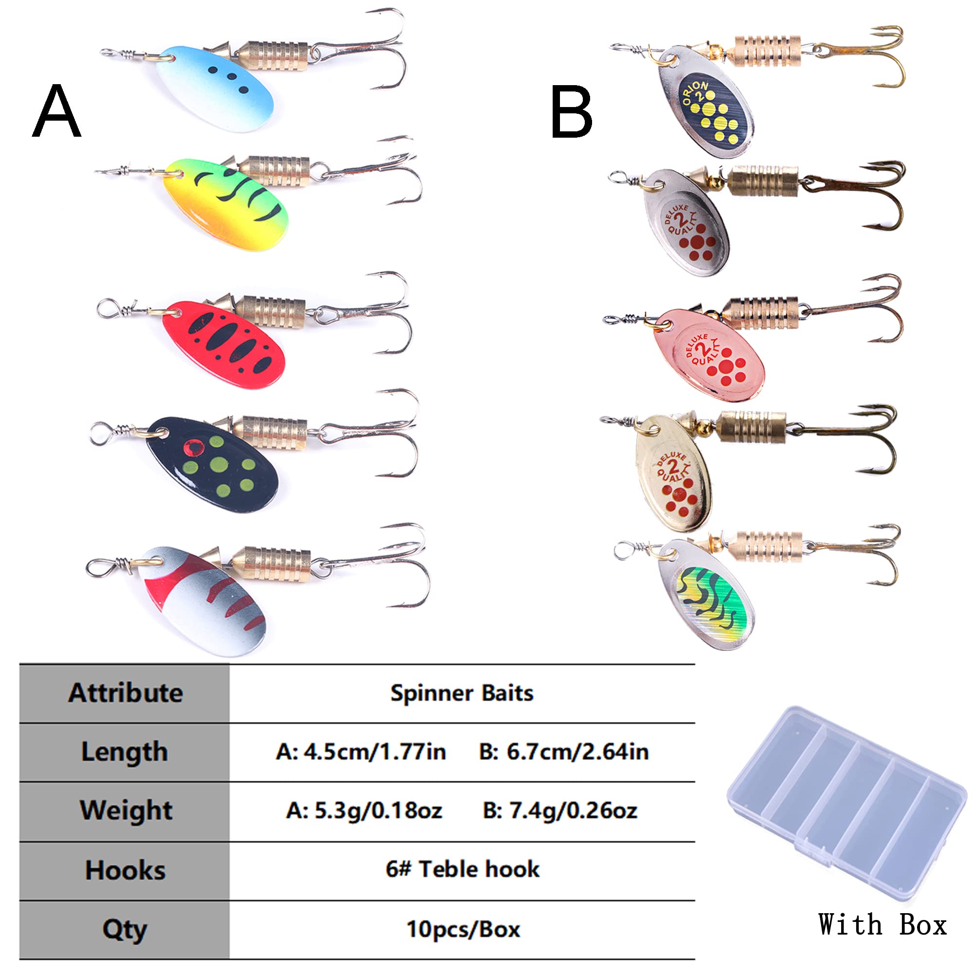 LURESMEOW Trout Spinner Baits Kit side view highlights compact design for portable fishing trips.