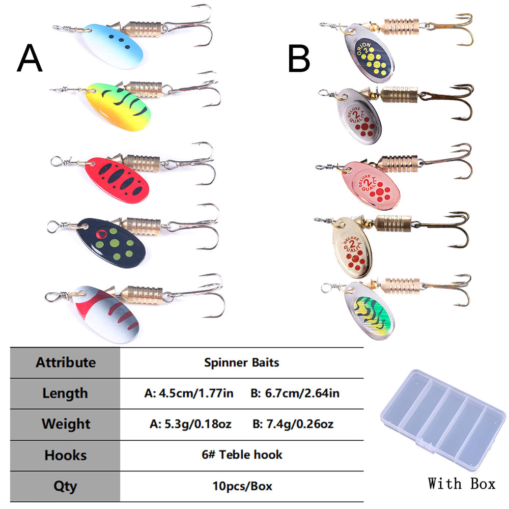 LURESMEOW Trout Spinner Baits Kit side view highlights compact design for portable fishing trips.