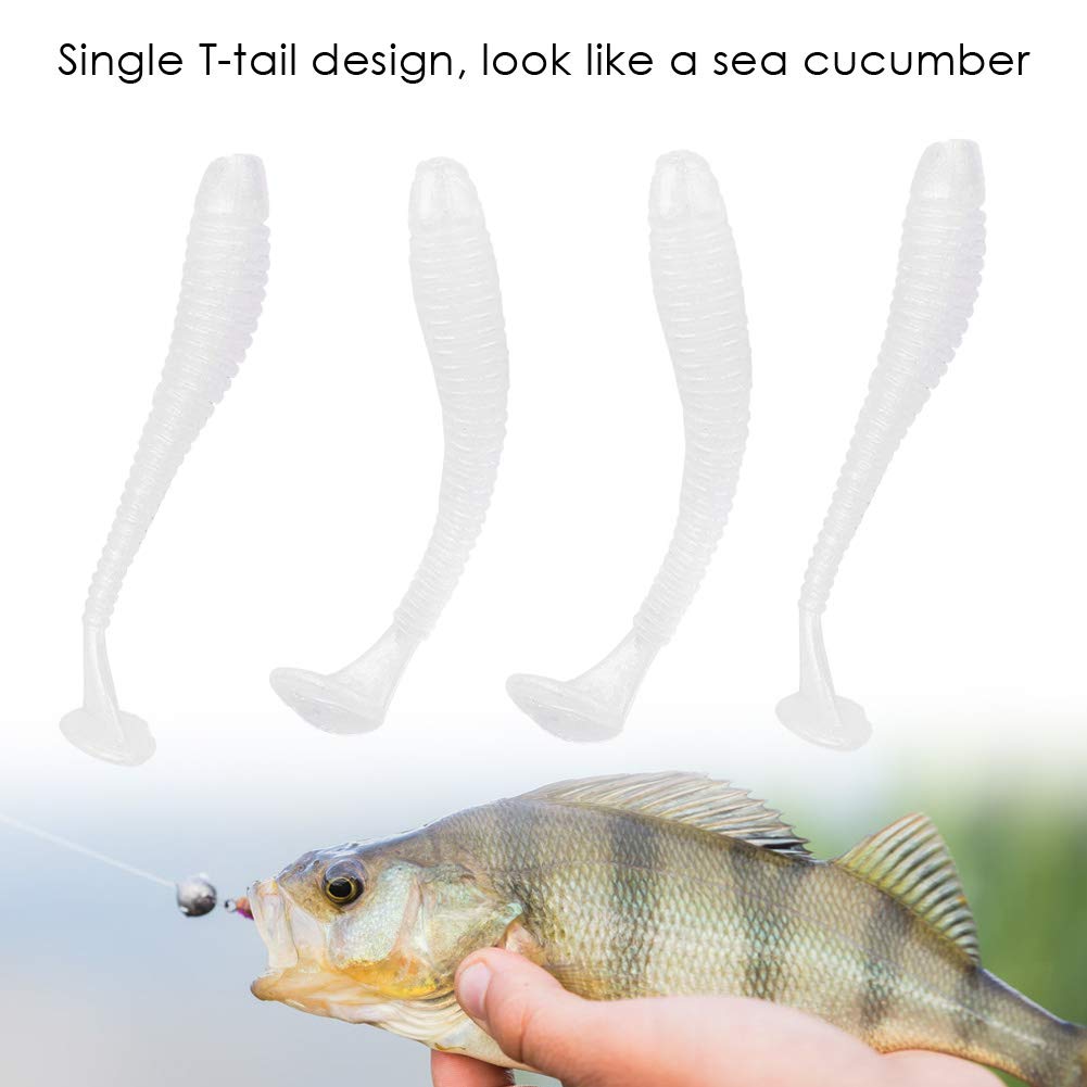 Close-up of pearl white soft plastic T-tail lures