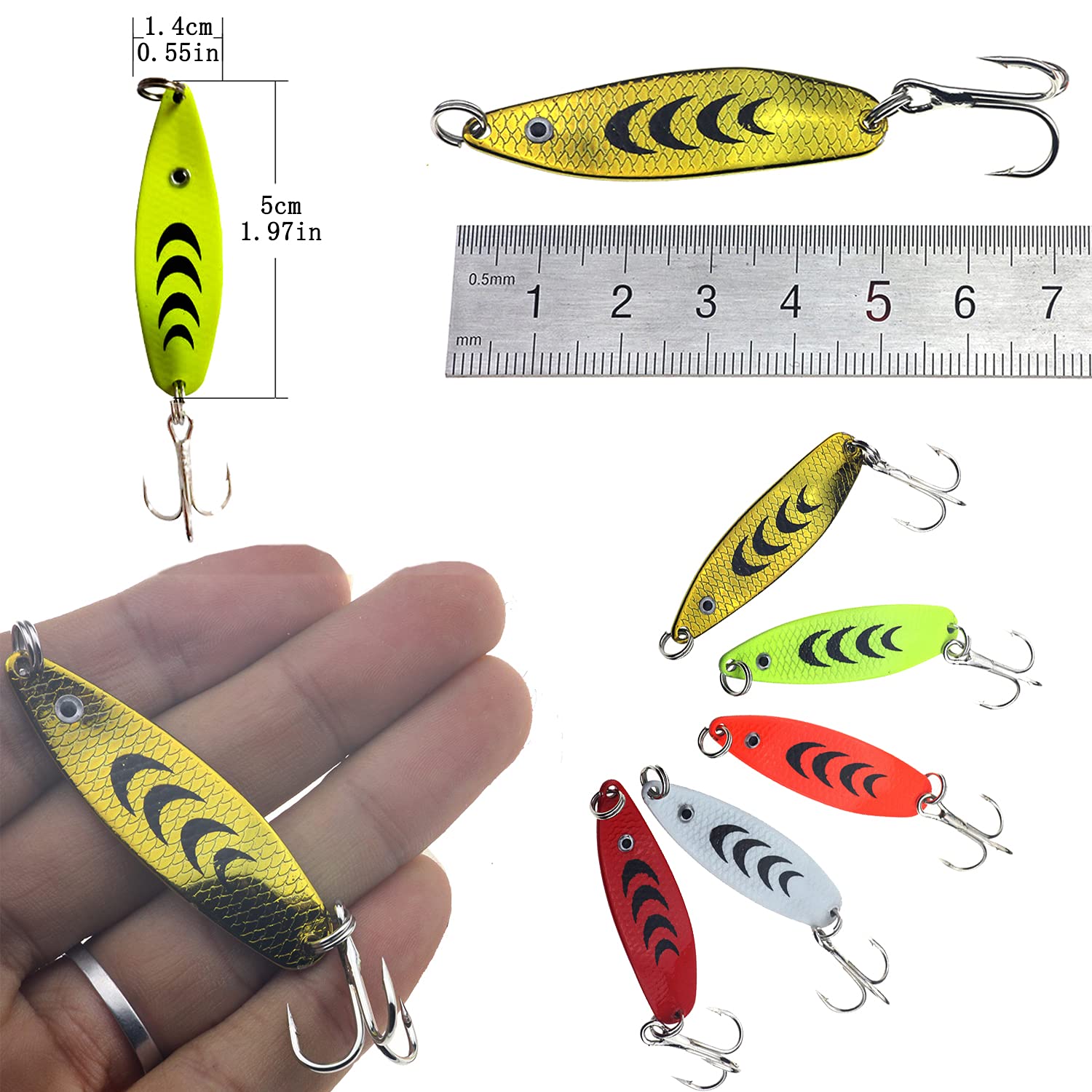Assorted spoon lure colors: green, orange, red, gold, white