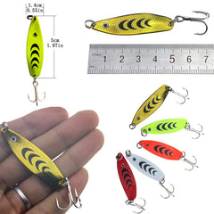 Assorted spoon lure colors: green, orange, red, gold, white