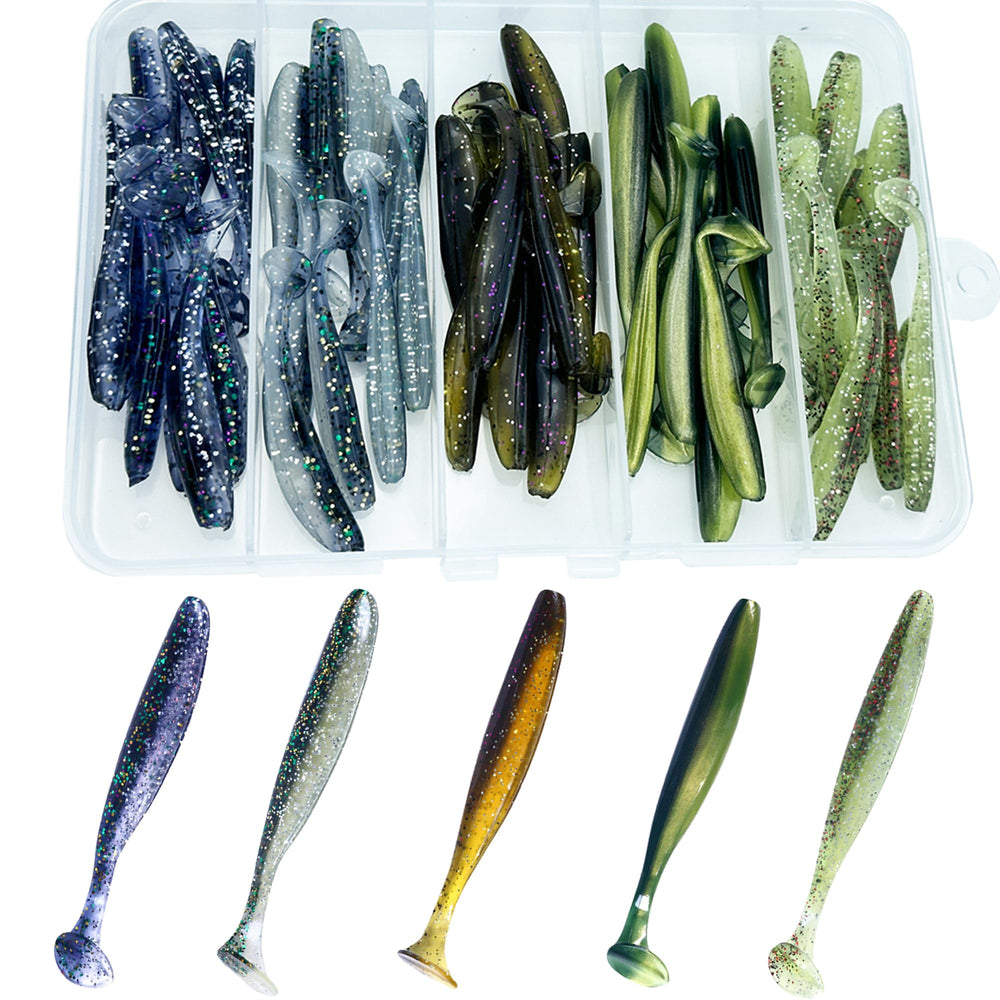 LURESMEOW 50-piece paddle-tail swimbaits in box for bass fishing