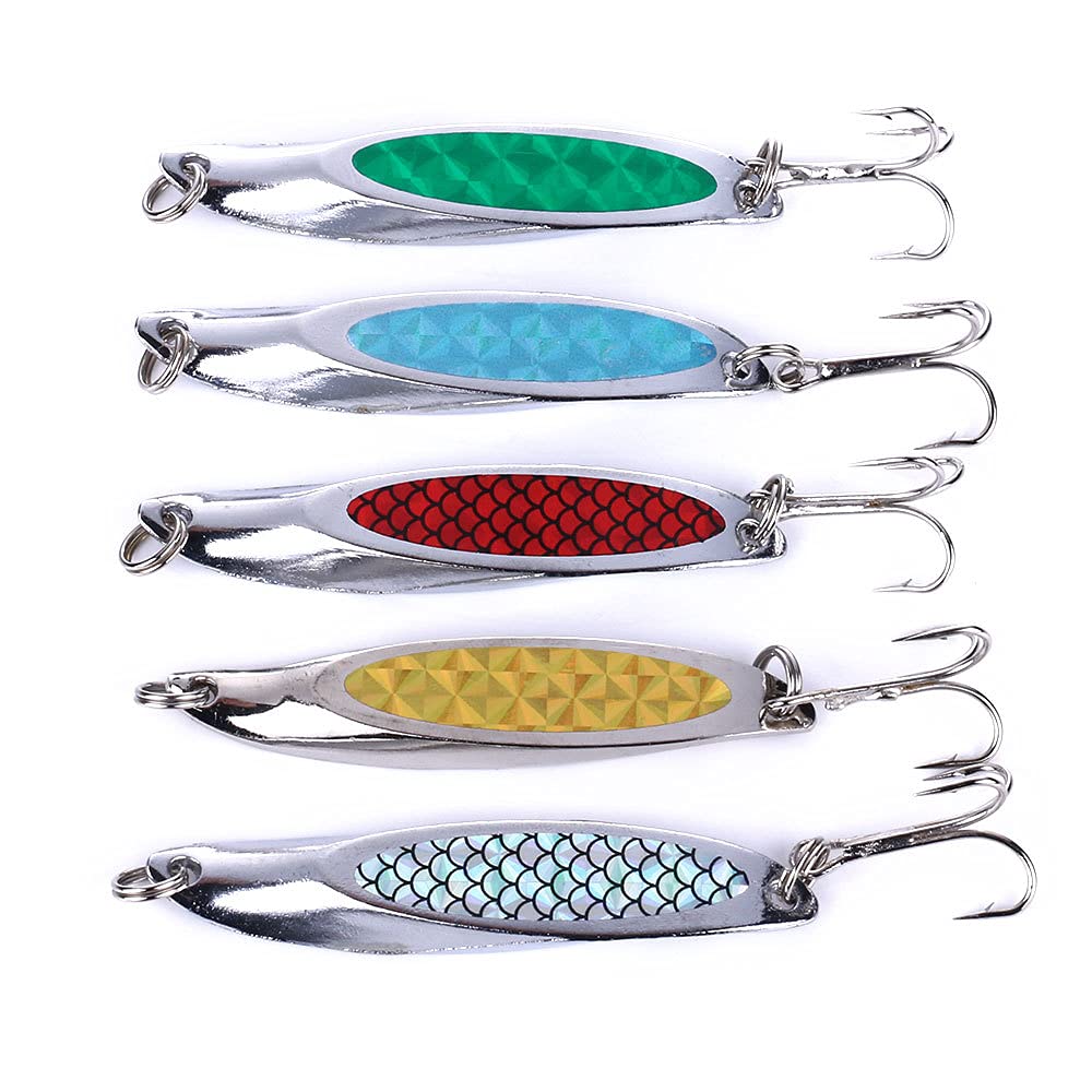 LURESMEOW fishing spoons with green shiny coating for high visibility underwater.