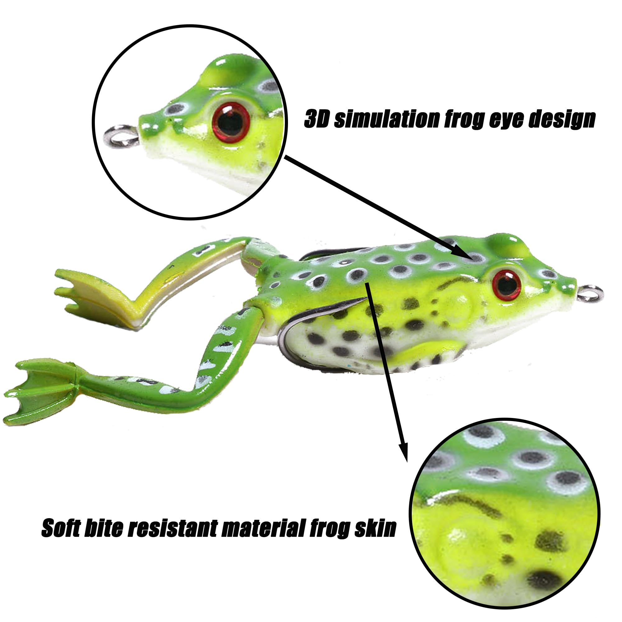 LURESMEOW Frog Lure weedless design exposes hooks for a secure catch.