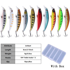 LURESMEOW jerkbait color variants show 10 styles for fish attraction.