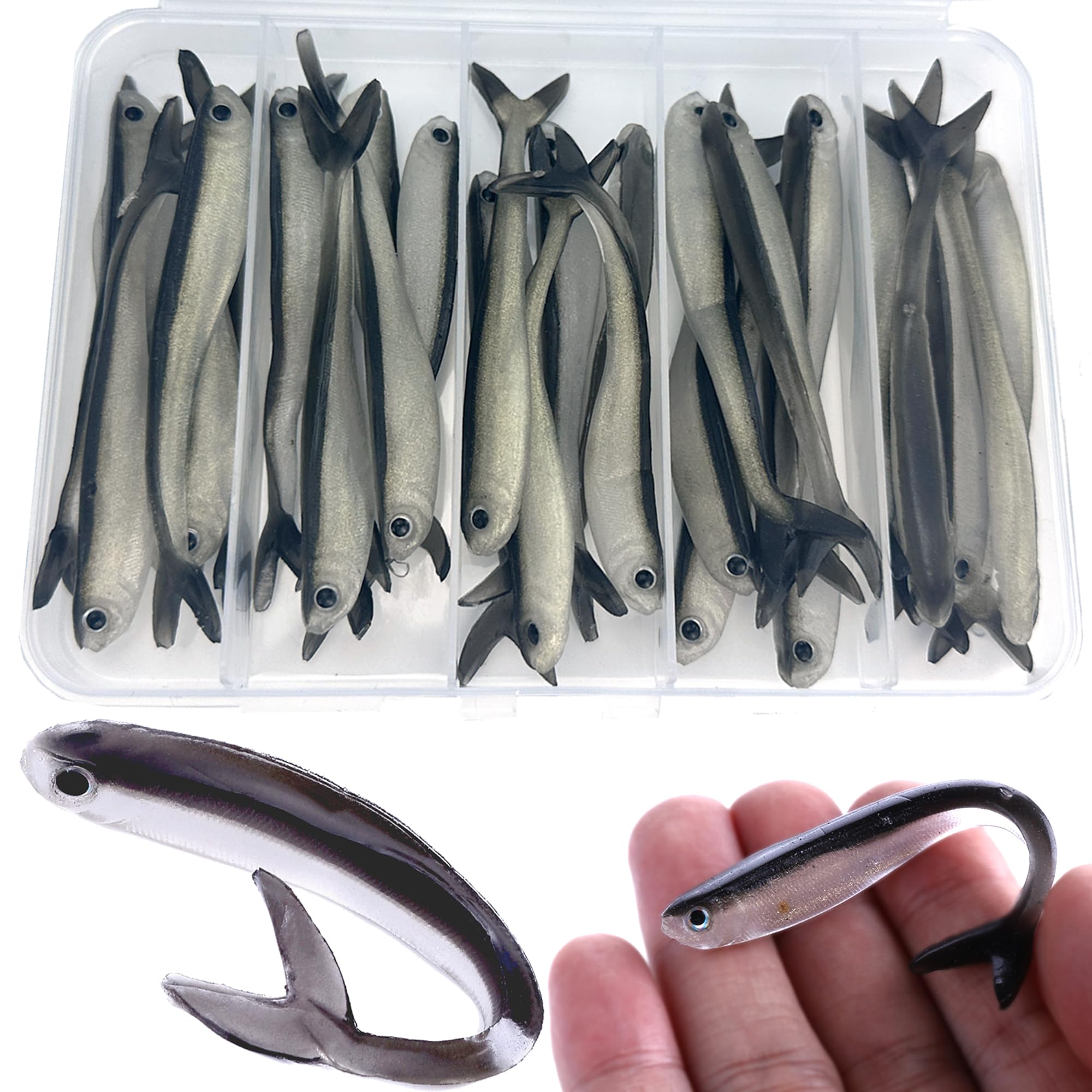 LURESMEOW 30-pack paddle-tail swimbaits in boxed packaging for versatile fishing setups