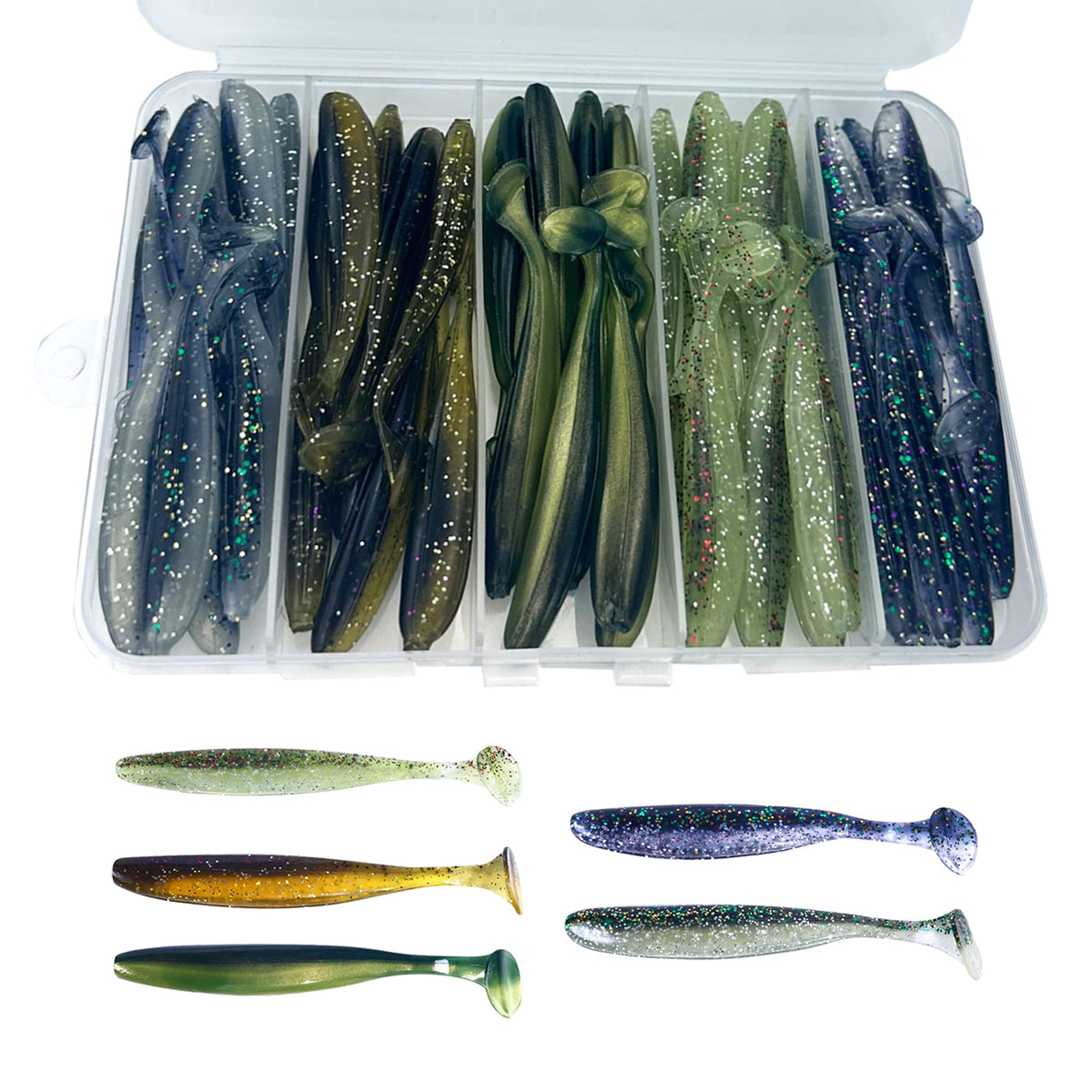 LURESMEOW paddle tail swimbaits box showing 50 soft lures for bass