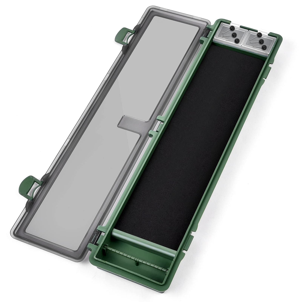 Luroad carp fishing hook storage box opened, showing 12 pins