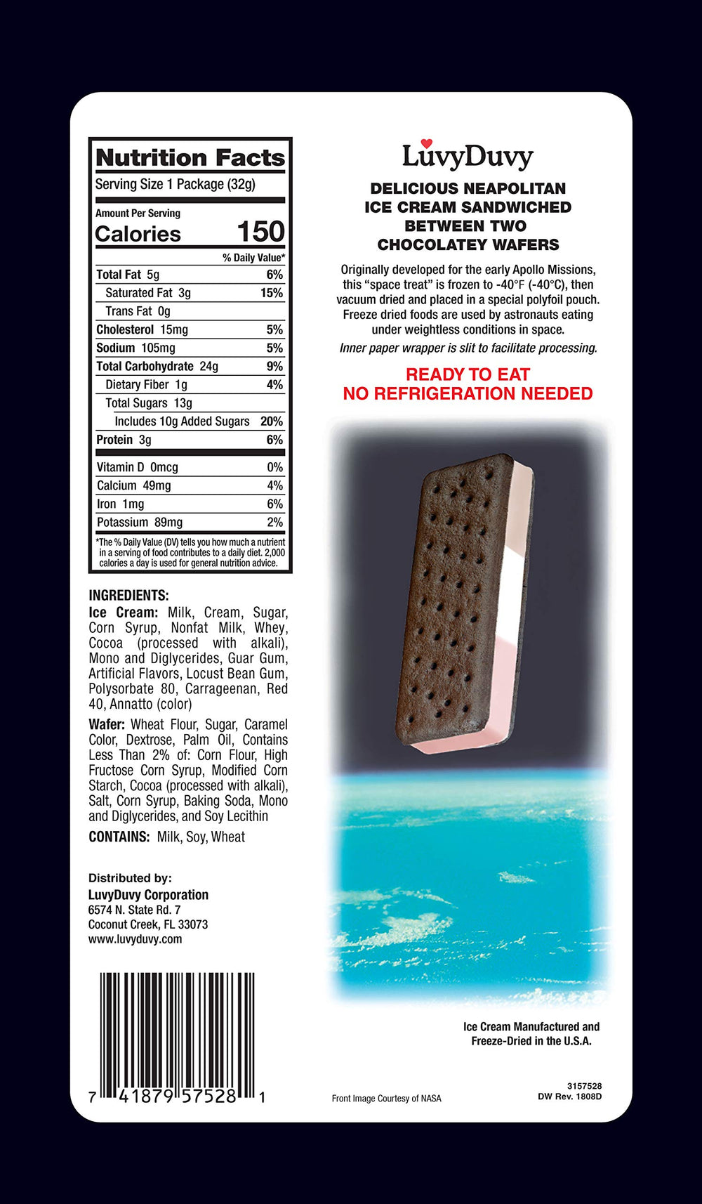 LuvyDuvy Neapolitan space ice cream sandwich close-up—crispy freeze-dried texture for space-inspired snacking.