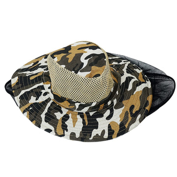 Camo yellow Luwint Head Net Hat on outdoor setup