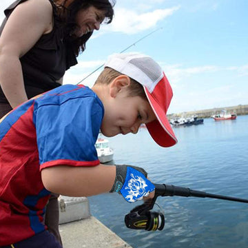Child wearing gloves while fishing