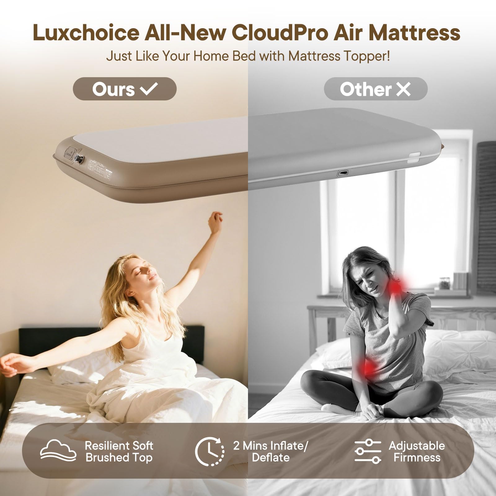 Luxchoice portable air mattress fits in carry bag for travel and guests.