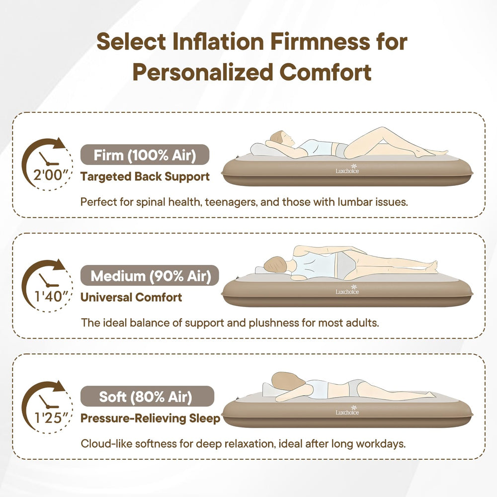 Luxchoice adjustable firmness lets you inflate to 80% for plush comfort.