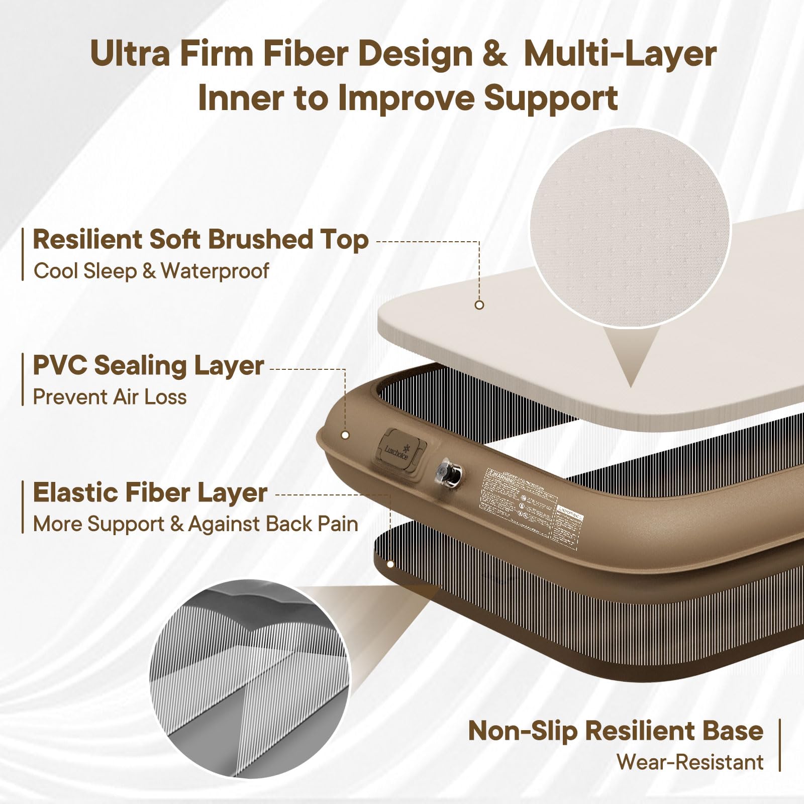 Luxchoice air mattress with soft brushed surface resists pet hair and is easy to clean.