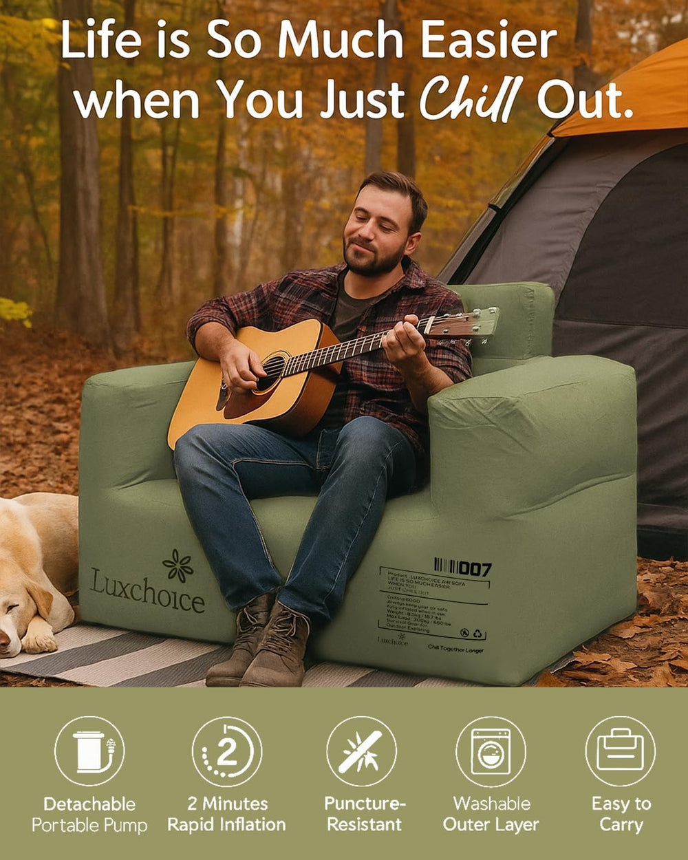 Luxchoice inflatable couch 600D fabric shows durability for long outdoor sessions