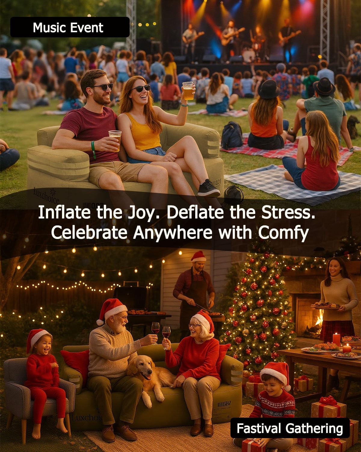 Luxchoice inflatable couch campsite use shows versatile seating at tents, beach, and festivals.