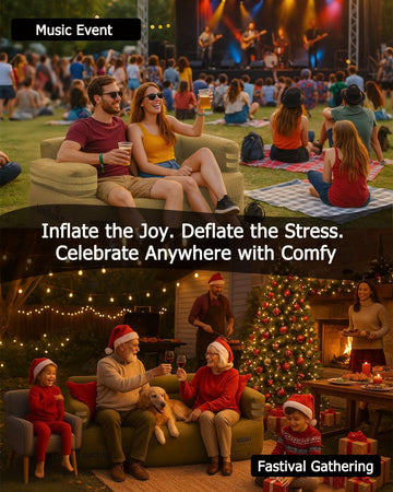 Luxchoice inflatable couch campsite use shows versatile seating at tents, beach, and festivals.