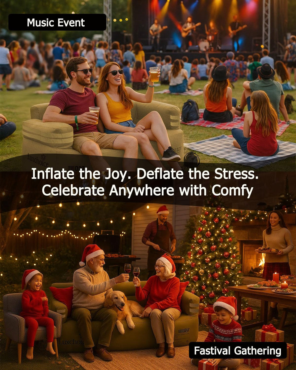 Luxchoice inflatable couch campsite use shows versatile seating at tents, beach, and festivals.
