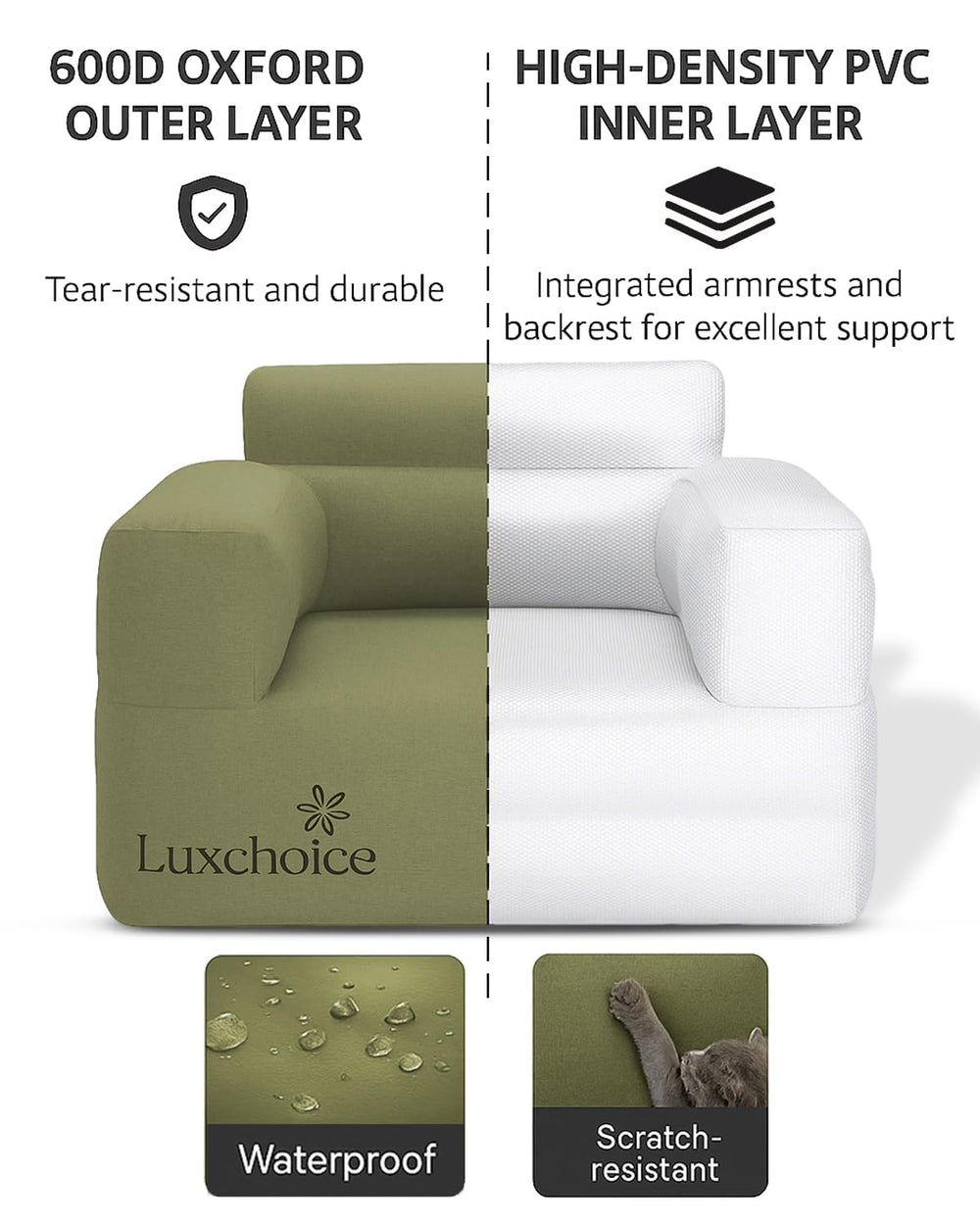 Luxchoice inflatable couch dual-layer chambers provide even full-body support