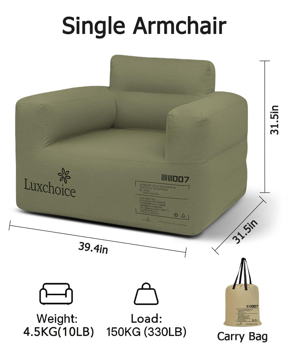 Luxchoice inflatable couch folded compactly in carry bag for travel and festivals