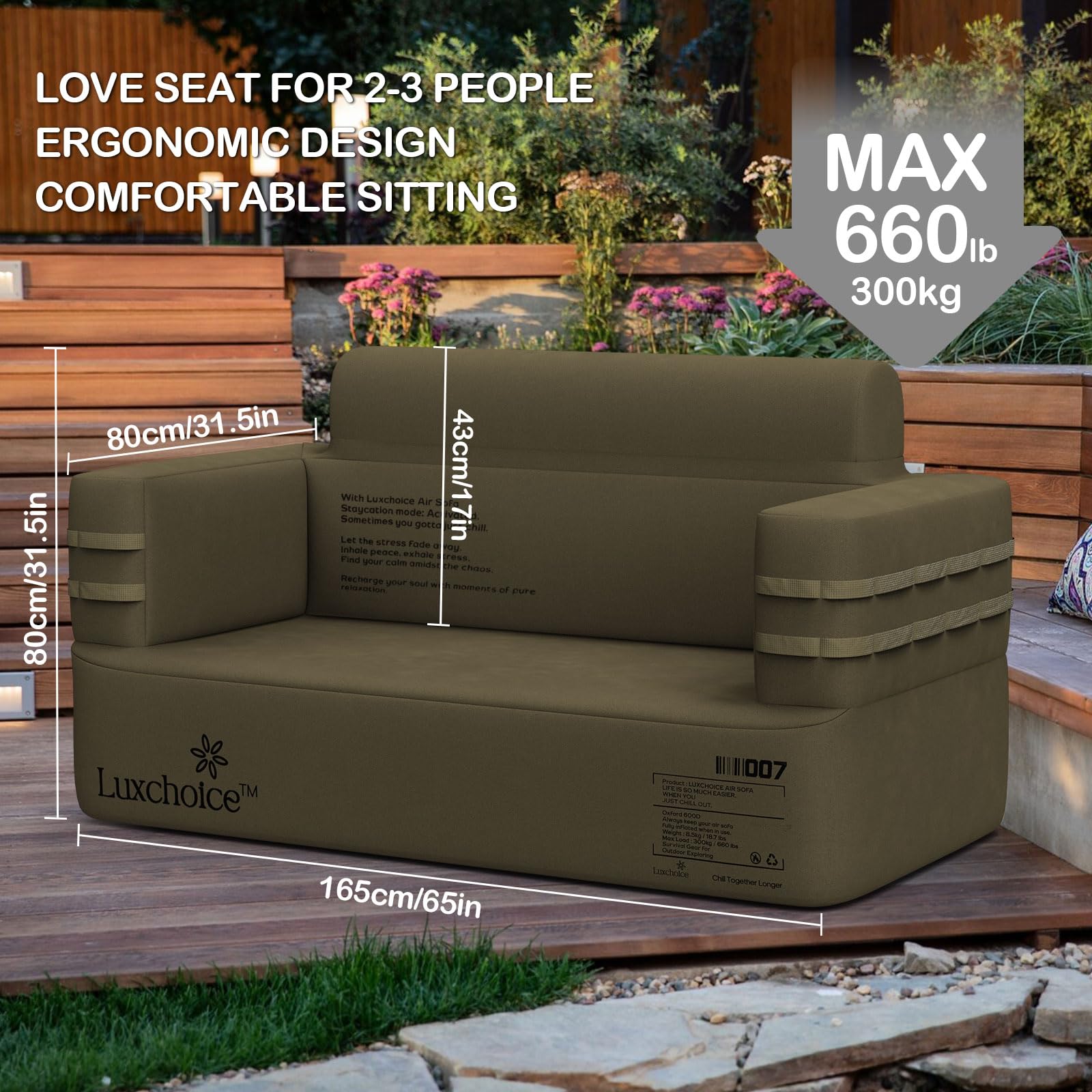Luxchoice inflatable couch with 1000D Oxford cloth resists tears.