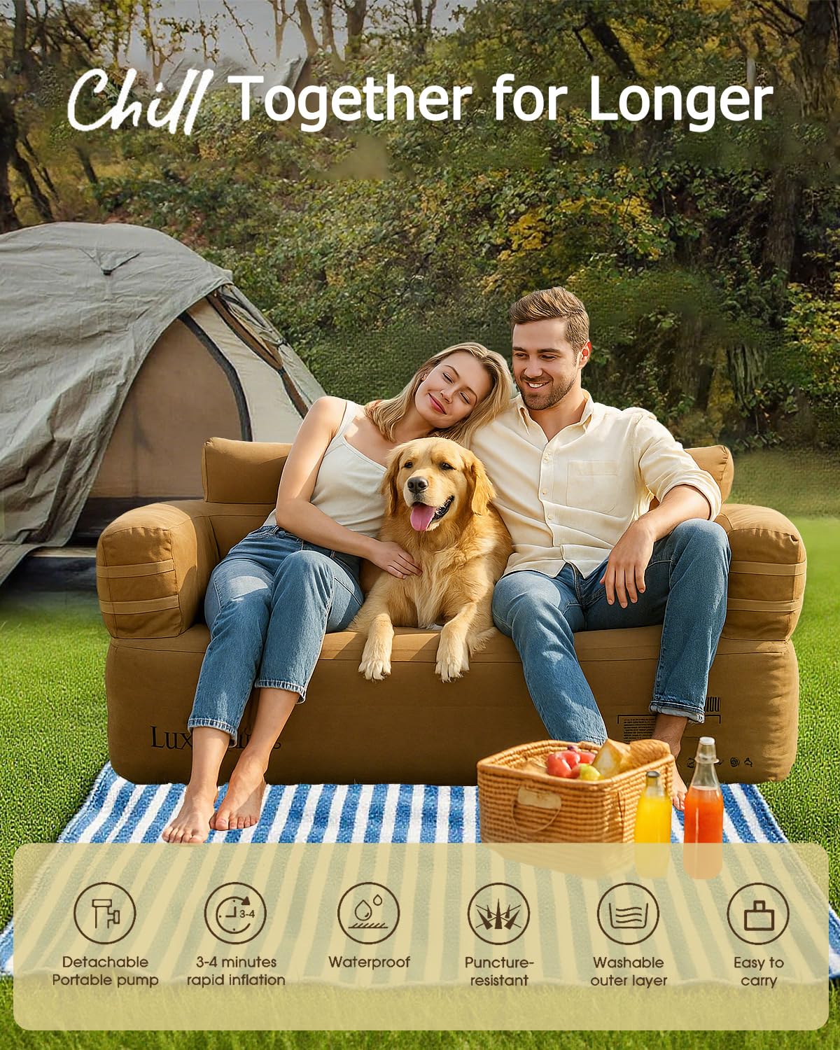 Luxchoice inflatable couch side straps keep essentials close and convert to easy carry handles.