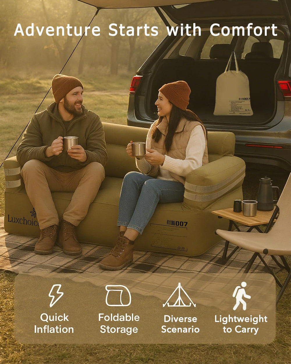 Luxchoice inflatable couch stylish design adds a premium look to living spaces and campsites.