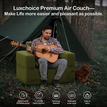 Luxchoice portable air sofa stored in compact bag for travel.