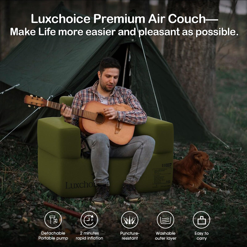 Luxchoice portable air sofa stored in compact bag for travel.