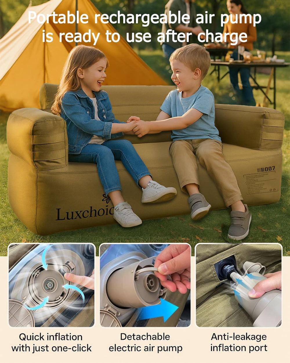 Luxchoice portable inflatable couch lightweight design weighs 16 lbs for simple one-person transport.