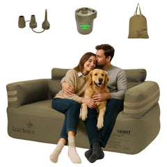 Luxchoice portable inflatable couch pump shows quick setup for campsites and backyard gatherings.