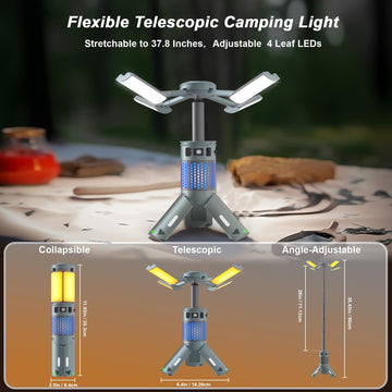 LUXMO PREMIUM telescopic camping light extended to 37.8 inches for bright campsite illumination.