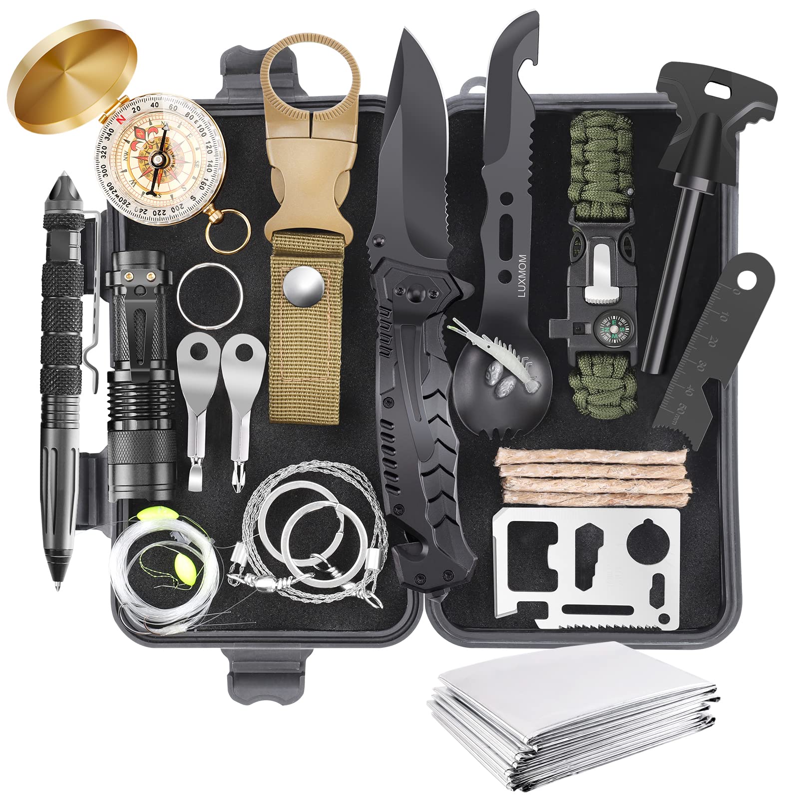 Luxmom survival kit compact bag view, organized emergency gear for outdoor trips.