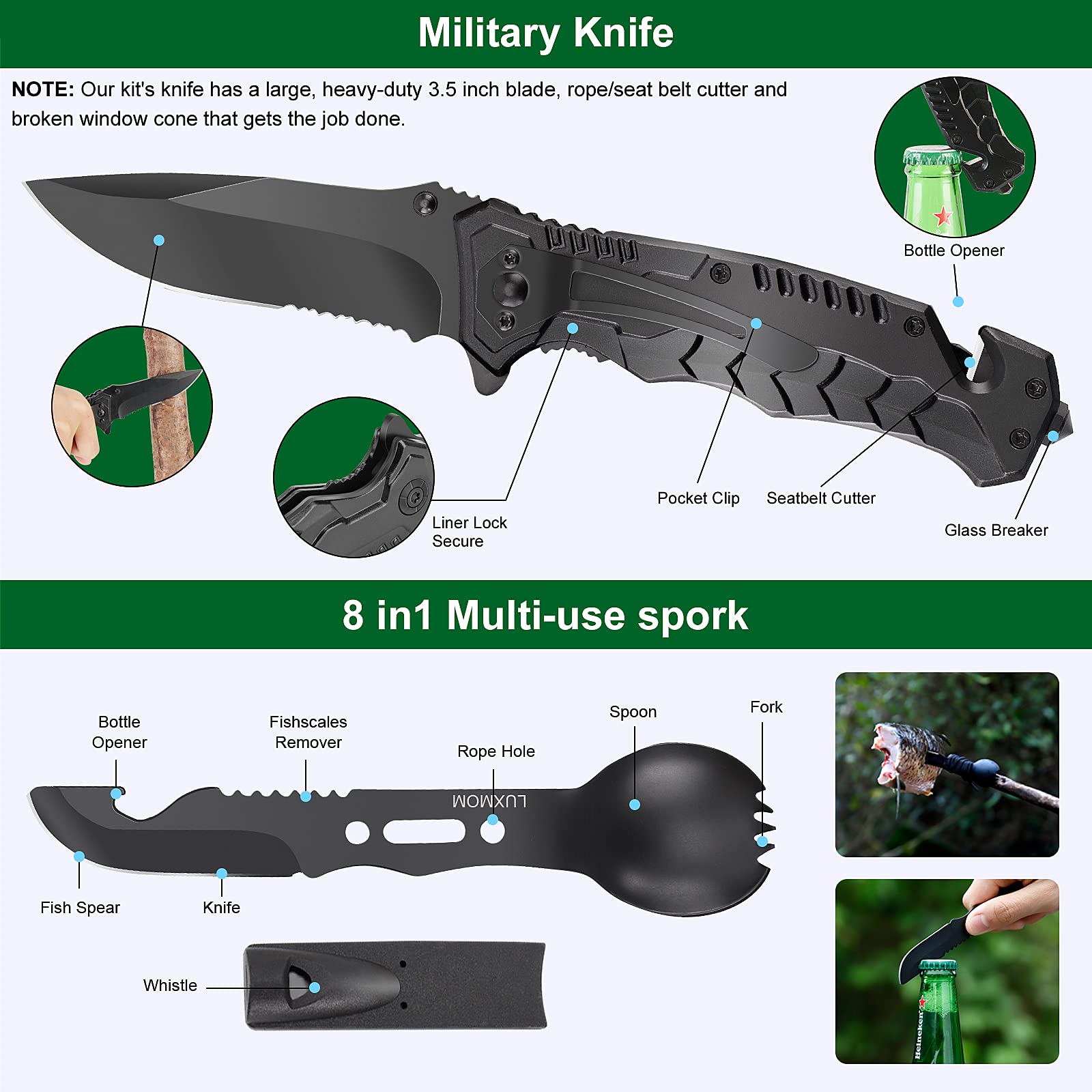 Luxmom survival kit hatchet and shovel in view for quick field tasks.