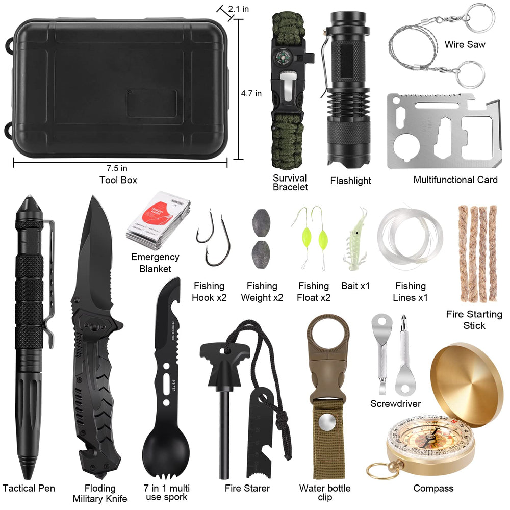 Luxmom survival kit tools layout, versatile gear for camping and hiking.