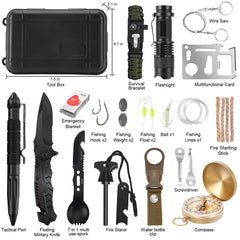 Luxmom survival kit tools layout, versatile gear for camping and hiking.