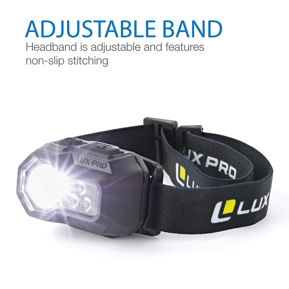 Lux Pro Bright 400 Lumen headlamp on strap for secure outdoor illumination.