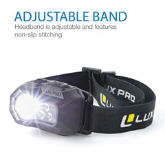 Lux Pro Bright 400 Lumen headlamp on strap for secure outdoor illumination.