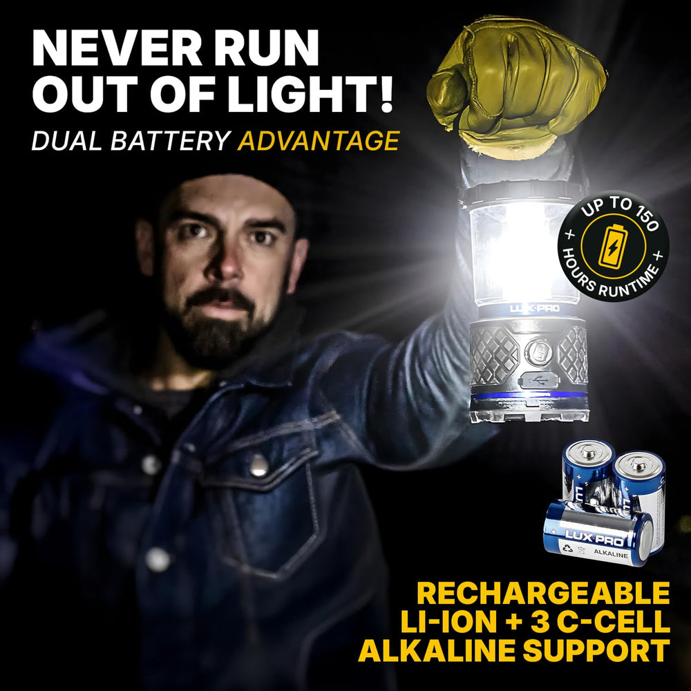 LUXPRO dimmable lantern showing adjustable brightness