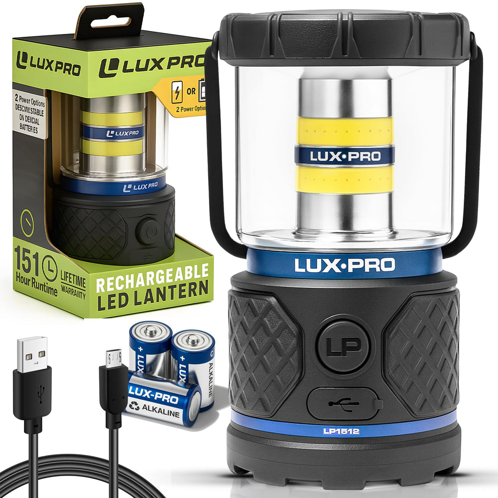 LUXPRO rechargeable lantern front view for reliable campsite lighting