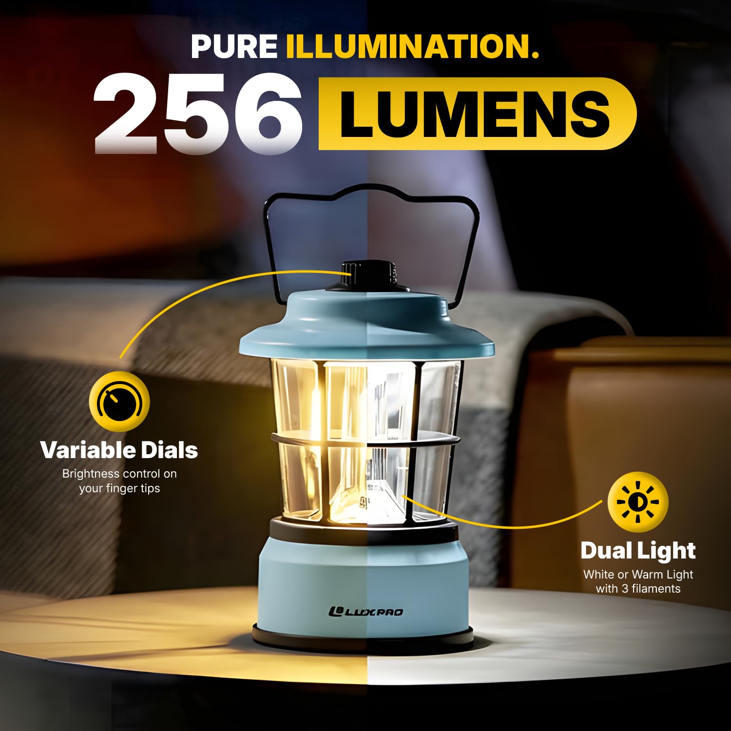 LUXPRO Retro LED Lantern blue offers long battery life for overnight lighting.